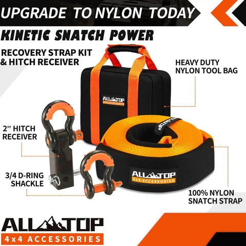 Nylon Recovery Kit With Hitch Receiver And Shackles For Off Road Recovery, 3 Inch By 20 Foot Snatch Strap 35000 Lb Break Strength.
