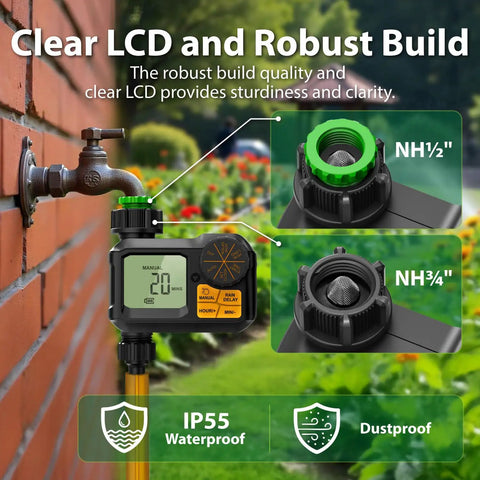 Easy Setup Smart Garden Hose Timer With Rain Delay attached to outdoor faucet showing clear LCD display and robust build