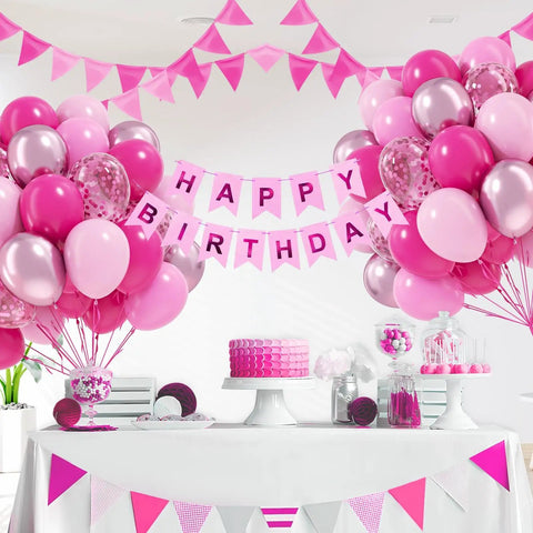 60 Pieces Hot Pink Balloons Set With Light Metallic Confetti 12 Inch Latex Balloons For Wedding Bridal Shower Baby Shower And Birthday Party Decor displayed as birthday decorations