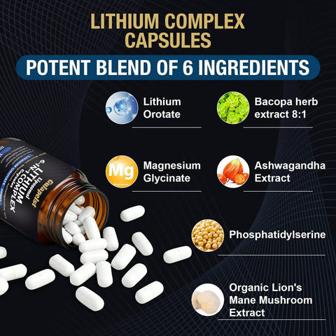 Lithium Orotate 20 Mg Complex Capsules With Magnesium Glycinate And Ashwagandha For Sharp Focus Memory And Mood Boost Brain Health Supplement Non GMO Vegan 120 Capsules, showing ingredients and open bottle with capsules spilling out.