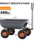Heavy Duty Dump Cart Wagon With Quick Release Dump, all terrain 10 inch tires, 440lb capacity, side view, dimensions labeled
