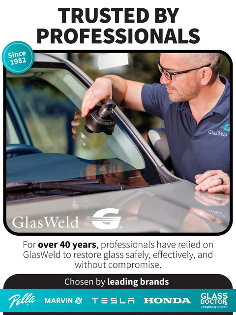 Man using Pro Grade Windshield Repair Resin Kit For Cars With Liquid Glass Resin For Chips And Cracks Up To Six Inches at work