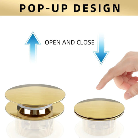 Hand demonstrating the open and close mechanism of a pop-up drain with a golden finish for freestanding tubs.