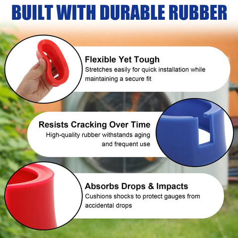 Gotta Have These Premium Rubber HVAC Gauge Boots That Fit Tight Around 3 1/8 Inch AC Manifolds To Shield Prized Refrigerant Dials From Rough Drops Solid Shop Quality Pack Of Two showing flexible red rubber boot in hand.