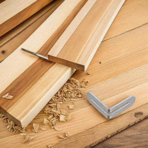 Stainless steel L shape shelf bracket with adjustable slot design for wood shelves and tables next to wood boards and sawdust