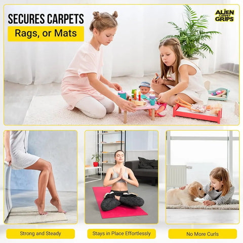 Children playing on carpet using Rug Gripper Tape Double Sided Anti Slip Carpet Tape 20 Pack 4x4 Inch Pads For Hardwood And Tile Floors No Damage Reusable Non Slip Rugs Keep From Sliding In High Traffic Areas As Seen On TV