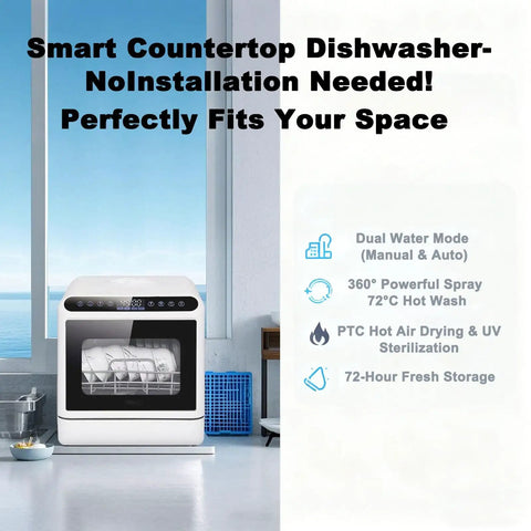 Game Changer Countertop Dishwasher With Built-In 5L Tank And Fast Hot Air Dryer, Easy Setup Portable Mini Washer For Small Spaces And Van Life, Three Cycle Modes With Bright Led Screen in a bright kitchen setting.