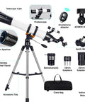Components of High Powered 90mm Aperture 800mm Refractor Telescope For Astronomy Beginners And Adults With Stainless Tripod Phone Adapter Carry Bag