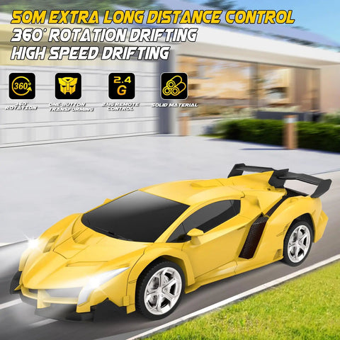 Yellow Transforming Remote Control Car For Kids 4 To 8, 2.4GHz RC Toy Car, Converts To Robot, 50m Range, On Street