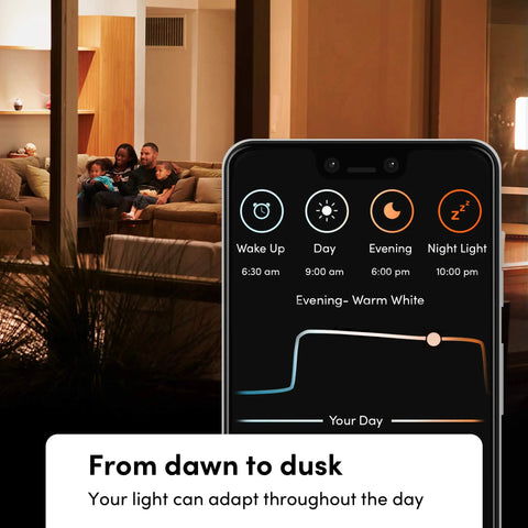 Phone app controlling Lit Night Vision Color LED Bulb E26 Smart RGBW With 1100 Lumens, showing day cycle settings
