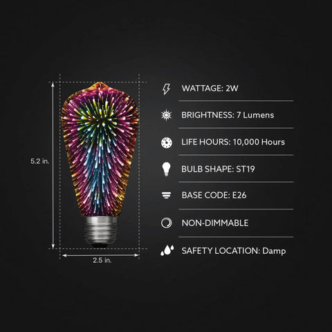 Infinity 3D Fireworks Multicolor LED Bulb for Party Vibes Prism ST19 Style LED Bulb with specifications on black background.