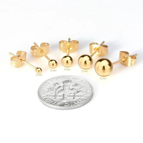 316L Surgical Stainless Steel Ball Earrings For Women Round Ball Stud Ear Jewelry Hypoallergenic Nickel Free Comfortable Durable Everyday Wear Long Lasting Shine, 2-6 mm gold set