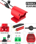 Product features of 12V Power Wheel Battery Adapter Kit with 30A fuse, 12AWG silicone wire, durable ABS shell, and copper contact.