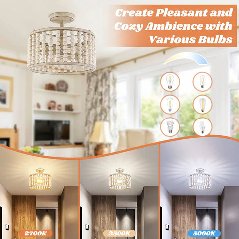 Oak Wood Beaded Chandelier Farmhouse Boho Flush Mount Light With Rustic Charm Two Lights E26 Base semi flush ceiling fixture