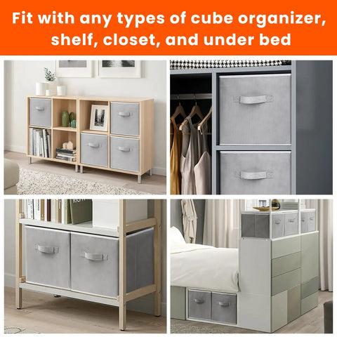 Rock Solid Eight Pack Storage Cubes 11 Inch Heavy Duty Fabric Closet Bins positioned in various storage setups for versatility.