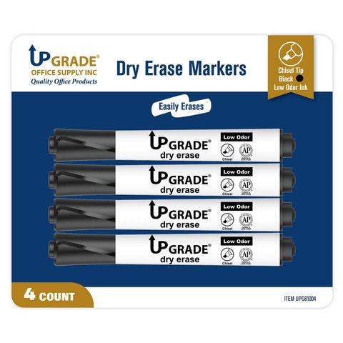 Black Dry Erase Markers Set With Low Odor Ink, Chisel Tip, 4 Count for whiteboards in packaging