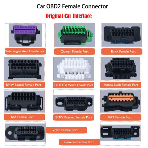 Car OBD2 female connectors in various colors, including Volkswagen, Citroen, and BMW ports, for diagnostic tools.