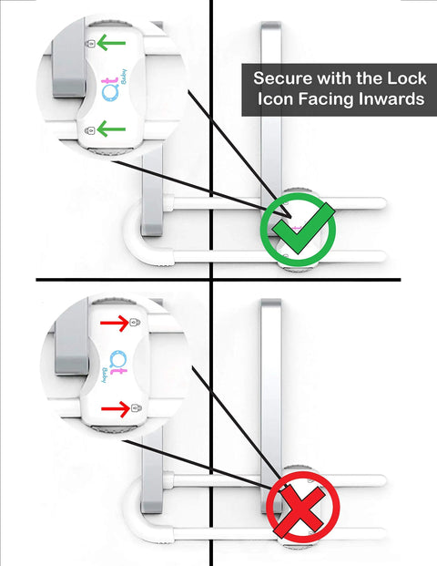 Diagram showing correct usage of Smart Easy Install Baby Proofing Cabinet Locks for drawers, fridge, and closets, pack of 6 white.