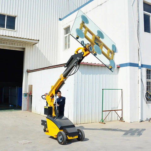 Heavy Duty Vacuum Glass Lifter Mounted On A Rugged Mobile Cart With Top Shelf Suction Cups lifting a large glass panel outdoors.