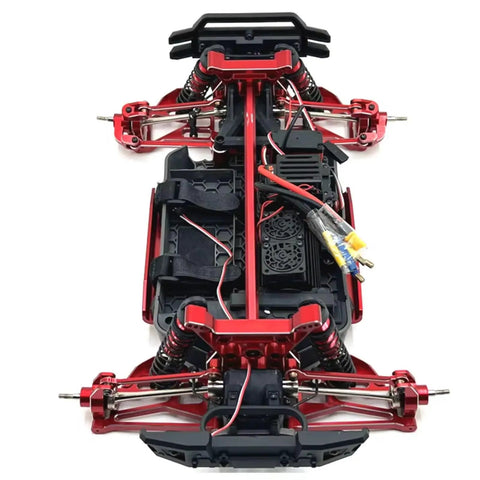 All Metal Shock Tower Assembly With Beefy Front Rear Swing Arms And Rock Hard Steel Hub Carrier Link Rods Designed For 1/10 Scale Rc Rigs In Sharp Red Upgrade Set viewed from above showing red shock tower and components.