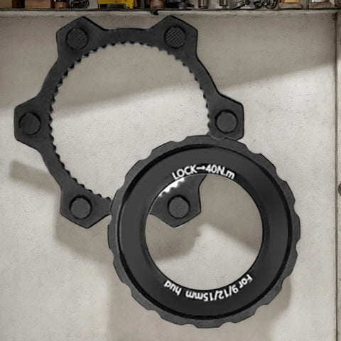Center Lock Adapter For Bikes Lightweight Aluminum Disc Brake Rotor Upgrade on a textured background