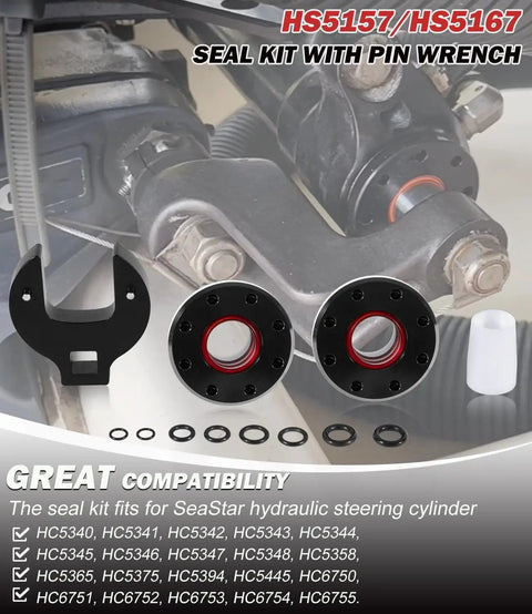 Beefed-Up Seal Kit With Pin Wrench For Steering Cylinder Compatible With HC5157 HS5167, seals shown with hydraulic cylinder parts.