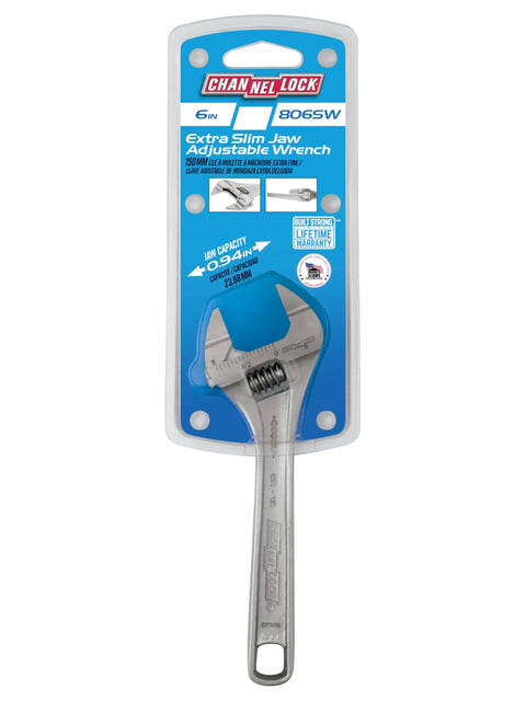 Six Inches Extra Slim Jaw Adjustable Wrench Engineered For Tight Shuts With Snag Free Clearance And Laser Engraved Scales, 6 inch tool in packaging.