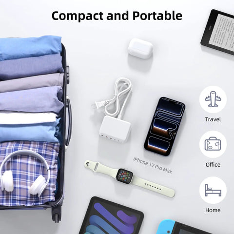 Compact 6 In 1 USB Charging Station For Multiple Devices, 100W Fast Charging Hub next to iPhone and smartwatch with suitcase.