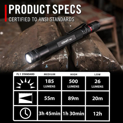 Rechargeable 500 Lumen LED Penlight With Twist Focus For Everyday Carry And Medical Law Enforcement Pilots And Military Compact Pocket Size In Green on table with product specs chart