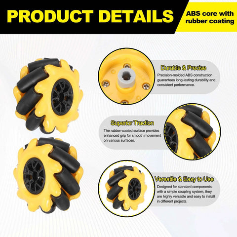 Yellow Mecanum wheel set for robot cars, ABS rubber coated, durable, versatile, superior traction, ideal for DIY and educational projects.