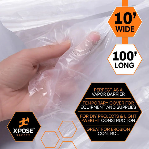 Hand touching Heavy Duty Clear Plastic Sheeting Roll 10 Foot By 100 Foot 4 Mil Poly Sheet showing vapor barrier use