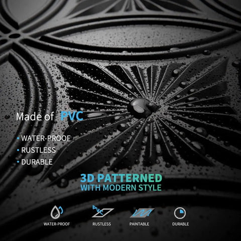3D patterned black PVC drop ceiling tile with glue up 3D wall panel look, showing waterproof and rust-resistant design.