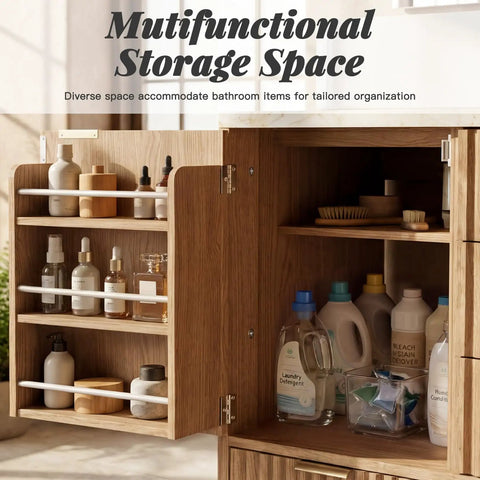 Diverse storage space in 31-Inch Fluted Bathroom Vanity Crafted From Solid Natural Oak Featuring A Heavy-Duty One-Piece Ceramic Bowl Scratch-Proof Topcoat.