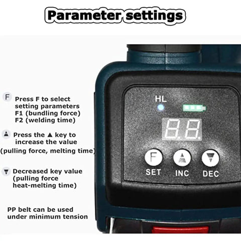 Get This Automatic Battery Powered Electric Strapping Made For PP Pet Banding Tensioner With High 900 To 3200 Newtons Strength control panel showing settings.