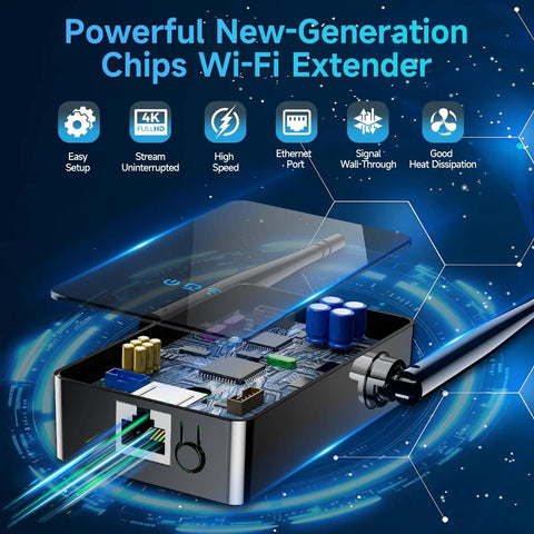 Image of 4X Faster WiFi Extender with Ethernet Port, showcasing internal components and highlighting features, long range home signal booster