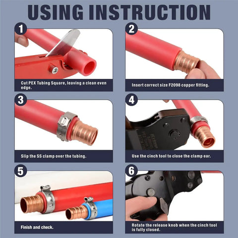 Step-by-step guide using Ratchet PEX Cinch Tool For Stainless Steel Clamps Meets ASTM 2098 Clamping Three Eighths One Half Three Quarters
