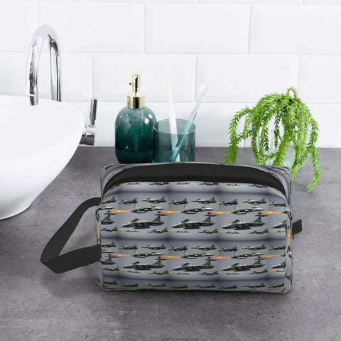 Fighter Jets Print Large Capacity Go To Travel Toiletry Bag Waterproof Cosmetic Organizer on gray bathroom counter
