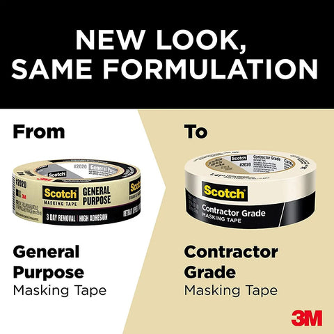 Comparison of Scotch General Purpose Masking Tape and new Contractor Grade Masking Tape with updated packaging.