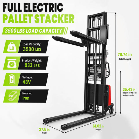 Heavy Duty 3500 Lbs Full Electric Pallet Stacker With Massive 98 Inch Lift Height For High Shelves And Powerful Walkie Control System, showing specifications and dimensions.