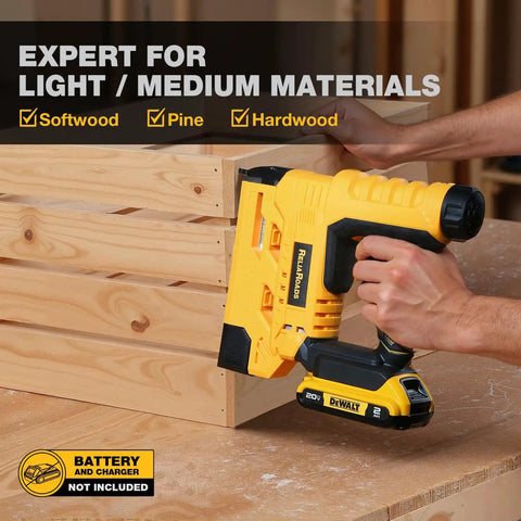 Badass Two In One Cordless Brad Nailer And Quarter Crown Stapler in use on wood, ideal for light and medium materials.