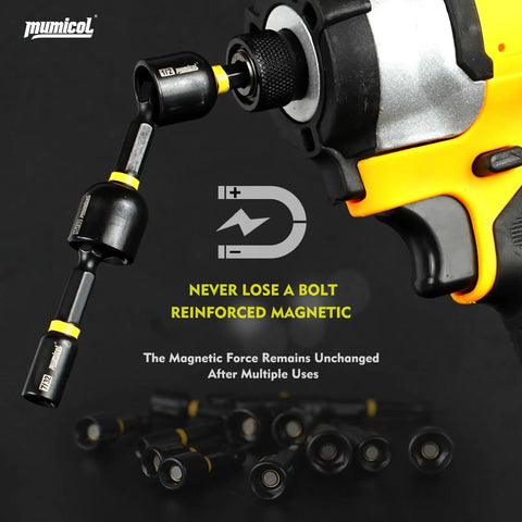 Magnetic Impact Nut Driver Set With SAE And Metric Deep Sockets attached to power tool, showcasing magnetic feature for Pro Mechanics and DIYers