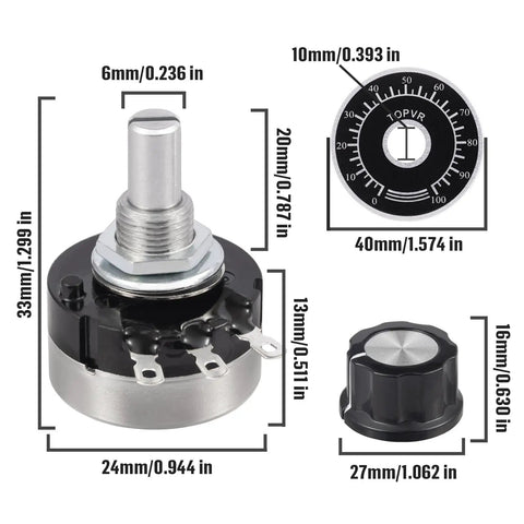 10K Ohm Potentiometer Single Turn Carbon Film Rotary Taper For Inverter Speed Control With 2 A03 Knobs And 2 Dials 2-Watt 3-Pin Potentiometer 20000 Cycle Life Compact 24 By 14 Mm, featuring dimensions and components