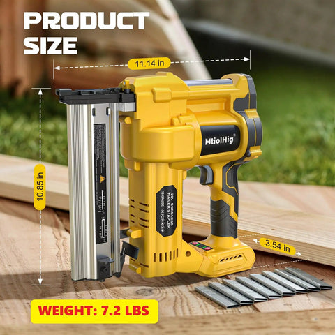 Workhorse Cordless Brad Nailer 18 Gauge 2 Inch Drive 2 In 1 Electric Staple Gun Compatible With DeWalt 20V Max Battery 7.2 Lbs shown with dimensions.