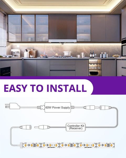 White LED Strip Lights Kit With Remote And 12V Power Supply, 16.4ft High-Density Dimmable Tape Light 4000K in kitchen setup