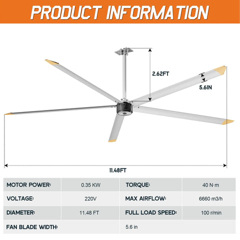 Industrial 144 Inch Aluminum Ceiling Fan Equipped With An Ultra Quiet Dc Motor And Five Heavy Duty Blades Delivering Kickin Airflow For Warehouses And Spacious Rooms In Sleek Silver Gray Finish - dimensions and specifications.