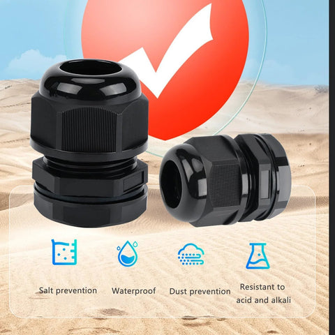 Two black plastic waterproof cable glands with PG7-threaded ends for cable strain relief.