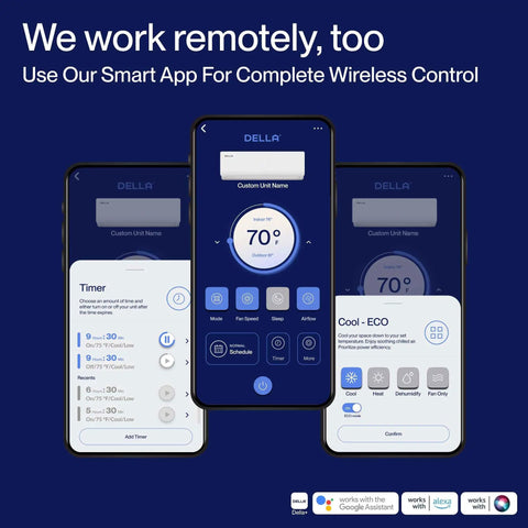 Hella Efficient 35000 BTU 3 Zone Ductless Mini Split Air Conditioner And Heat Pump System With 19 SEER2 DC Inverter Tech app interface on smart devices.