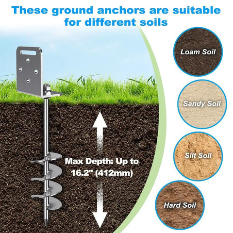Rock Solid 18 Inch Heavy Duty Ground Anchors 10mm Solid Steel Helix Screws in different soil types illustration