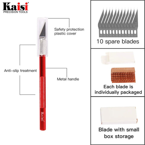 Close-up of engraving knife with metal handle, plastic cover, and 10 spare blades from ESD Anti Static Precision Tweezers Set.