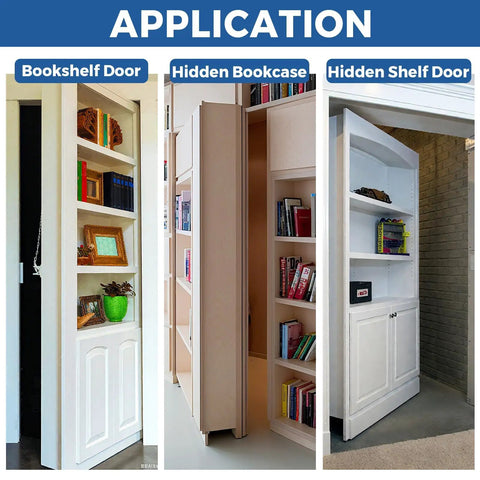 Heavy Duty Black Pivot Hinge For Hidden Secret Doors And Custom Shelves Featuring Rust Proof Stainless Steel Build With Ultra Smooth Glide Action And Built Tough Design Supporting Five Hundred Seventy Pounds in shelves and doors.
